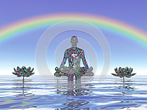 Colorful meditation under a rainbow - 3D render