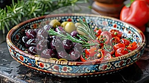 Colorful Mediterranean salad in a hand-painted bowl.