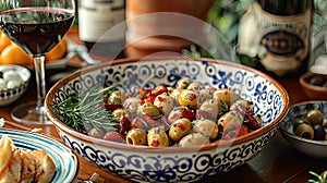 Colorful Mediterranean salad in a hand-painted bowl.