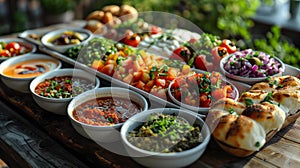 Colorful mediterranean spread with various dips and breads - generative ai photo
