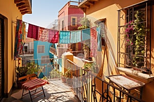 a colorful mediterranean townhouse with laundry hanging from the balcony