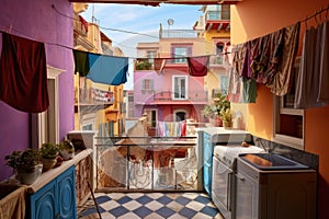 a colorful mediterranean townhouse with laundry hanging from the balcony