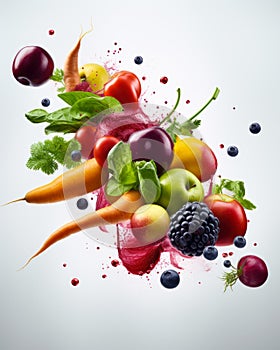 A Colorful Medley of Fresh Fruits and Vibrant Vegetables Soaring Through the Sky