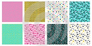 Colorful memphis seamless patterns. Fashion 80s mosaic texture, color retro textures and geometric lines and dots