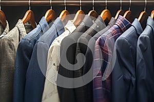 Colorful mens fashion Hanging suits in a store or showroom