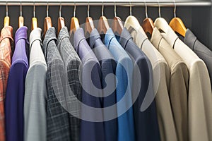 Colorful mens fashion Hanging suits in a store or showroom