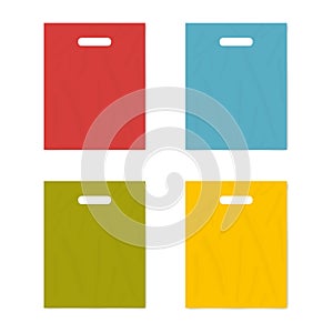 Colorful merchandise plastic bag with die cut handles isolated on white background, realistic vector mockup set