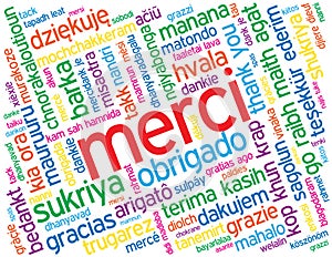 Colorful MERCI card with translations into many languages