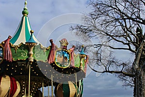 Colorful Merry-go-round in a park in Lisbon at Christmas