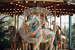 A colorful merry go round spinning in a playground with children riding on the carousel, Exotic animals on vintage carousel, AI