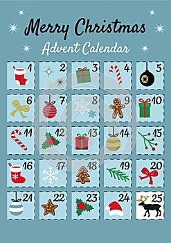 Colorful Mery Chistmas Advent calendar on blue background. Cute Christmas, winter and New Year 25 symbols and icons with