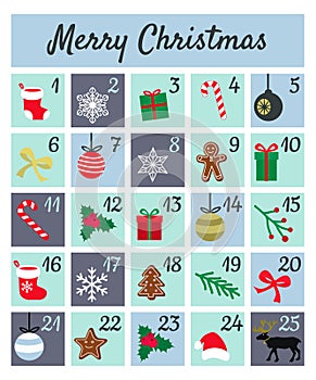 Colorful Mery Chistmas Advent calendar on white background. Cute Christmas, winter and New Year 25 symbols and icons with numbers