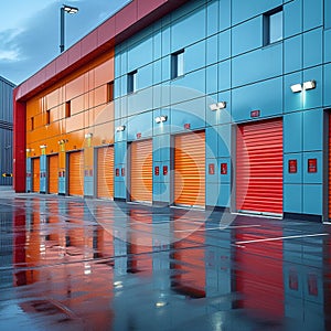 Colorful metal self storage units in warehouse setting, industry garage