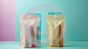 Colorful Metallic Pouches on Gradient Background photo