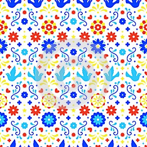 Colorful mexican flowers, leaves and birds on white background. Traditional seamless pattern for fiesta party. Floral