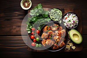colorful mexican food mix copyspace frame background with lunch on wooden surface