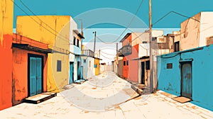Colorful Mexico Alleyway: Minimal Screenprint Illustration In Cyan And Amber