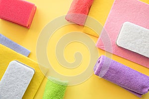 Colorful microfiber cloth, kitchen towels, sponges.Colorful cleaning set for different surfaces in kitchen, bathroom and