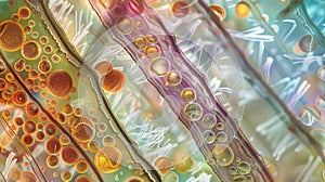 A colorful micrograph of a of euglenoids showing their distinctive reddishbrown chloroplasts and shimmering flagella. . photo