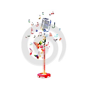 Colorful microphone with music notes and Arabic Islamic calligraphy symbols vector illustration design. Music background. Karaoke