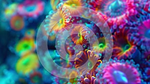 A colorful microscopic image of a coral reef showcasing the symbiotic relationship between certain species of protozoa