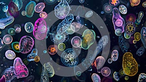 A colorful microscopic snapshot of a diverse community of phytoplankton ranging from round cells to elongated forms all