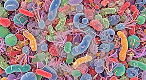 Colorful Microscopic View of Bacteria and Microorganisms in a Dense Cluster