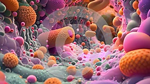 Colorful Microscopic View of Cells and Viruses in a Biological Environment