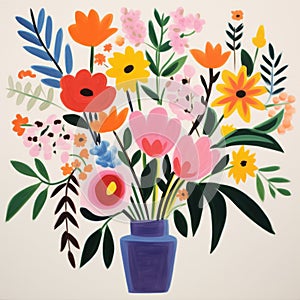 Colorful Mid-century Inspired Flower Painting On Large Canvas