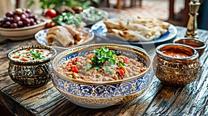 Colorful middle eastern feast with traditional dishes on rustic table. Ramadan Mubarak photo