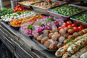 Colorful Middle Eastern food bazaar with an exquisite selection of kebabs and falafels.. AI generated.