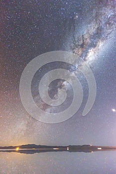 Colorful Milky Way and bright starry night sky with reflections on the flooded Uyuni Salt Flats in Bolivia