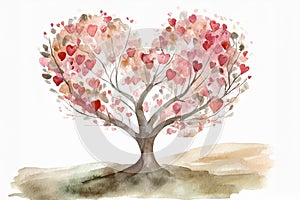 Colorful minimal heart shape tree for Valentines Day watercolor illustration isolated on white