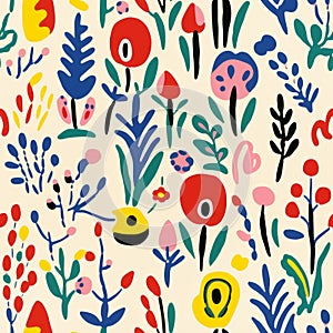 Colorful Minimalism: Floral Print With Abstract Images And Cartoon Illustrations