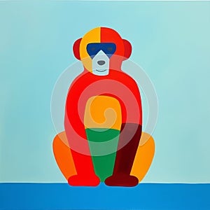 Colorful Minimalist Art: Red Monkey With Sunglasses On Blue Surface photo