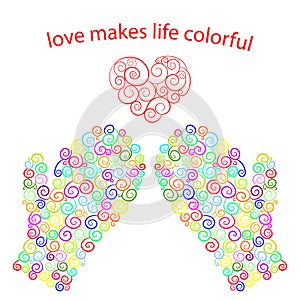 Colorful mittens from the curly spirals and curly heart.Vector illustration
