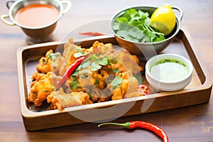 colorful mix of bell pepper pakoras on tray