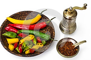 Colorful mix of the freshest and hottest chili peppers photo