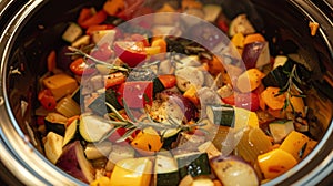 A colorful mix of vegetables and es in a crockpot ready to be slowcooked into a flavorful soup photo