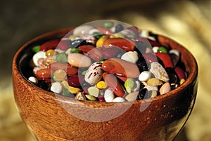 Colorful Mixed Beans in Wooden Bowl