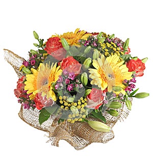 Colorful mixed floral bouquet yellow gerbera, orange roses, lily