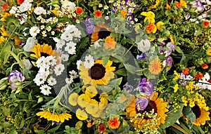 Colorful mixed floral composition with sunflowers, daisies, various wildflowers,marigolds, sunflowers, purple and white roses.