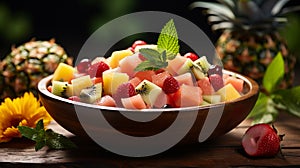 Colorful Mixed Fruit platter with Mango, Strawberry, Blueberry, Kiwi and Green Grape. Healthy food