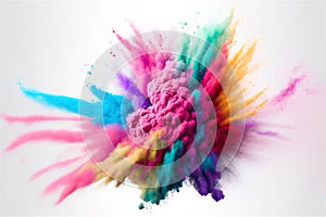 Colorful mixed rainbow powder explosion isolated on white background.