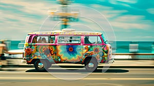 A colorful mobile vinyl van driving through the coastal streets playing uplifting vinyl tracks and spreading good vibes photo