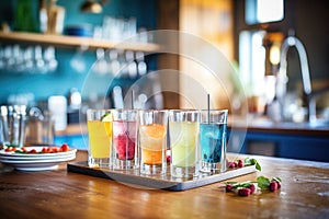 colorful mocktail glasses arranged on a bar counter