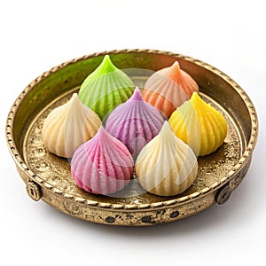 Colorful Modak sweets arranged on a traditional brass plate isolated on white background photo