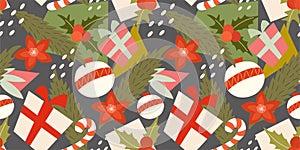 Colorful modern abstract christmas pattern with various traditional decorative elements and symbols. Vector seamless texture.