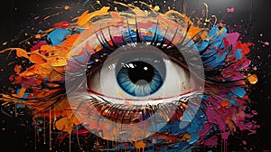 Colorful Modern Eye Wall Sticker: Vibrant Paint Background, Contemporary Art Decal for Home Decor.