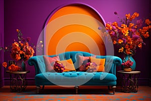 Colorful modern interior featuring sofa and flowers. Generative AI